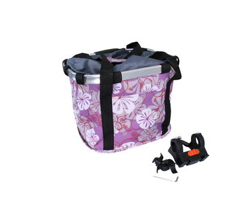 Műanyag gyorszáras rögzítésű lila virágos első kosár